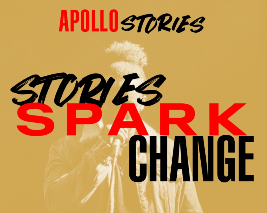 Apollo Stories home page art. In red and black letters it reads "Apollo Stories" and "Stories Spark Change"