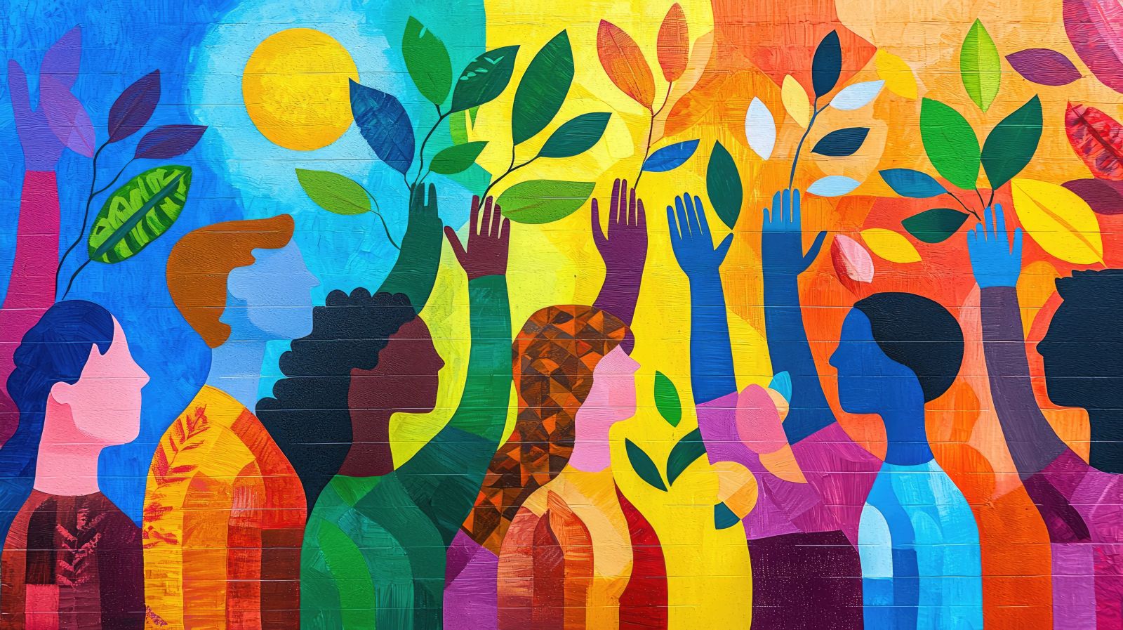 Colorful painted mural in all primary colors of men and women with blank faces. Some of them are raising their arms and branches with leaves are subtly sprouting from their hands.