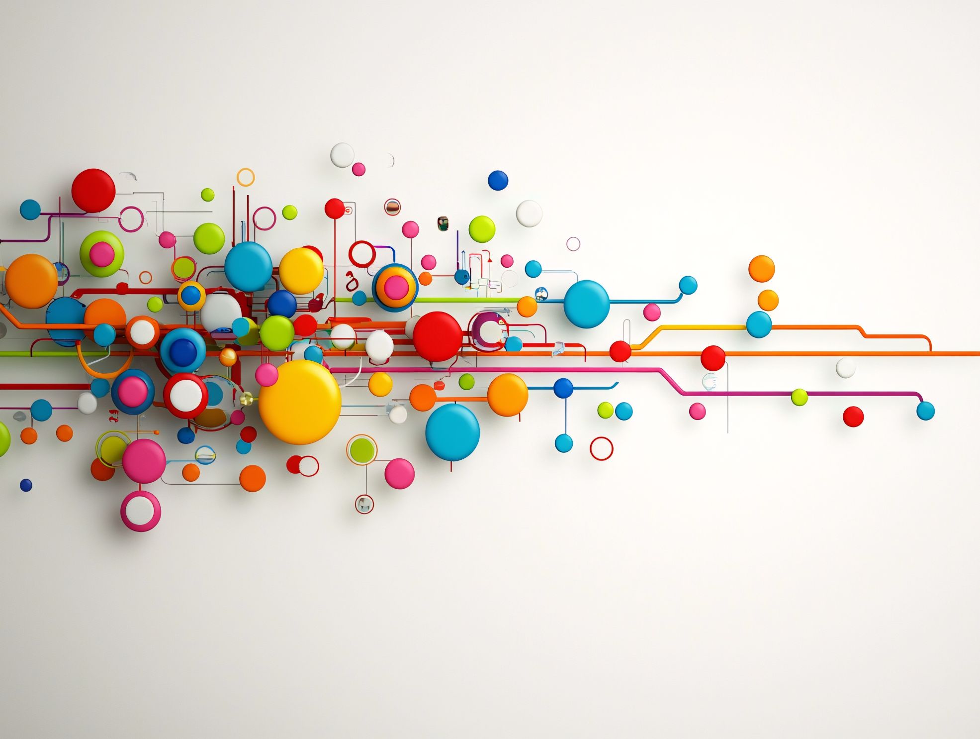 Illustration with bright circles of many sizes and colors in a scattered disposition with lines resembling circuitry behind